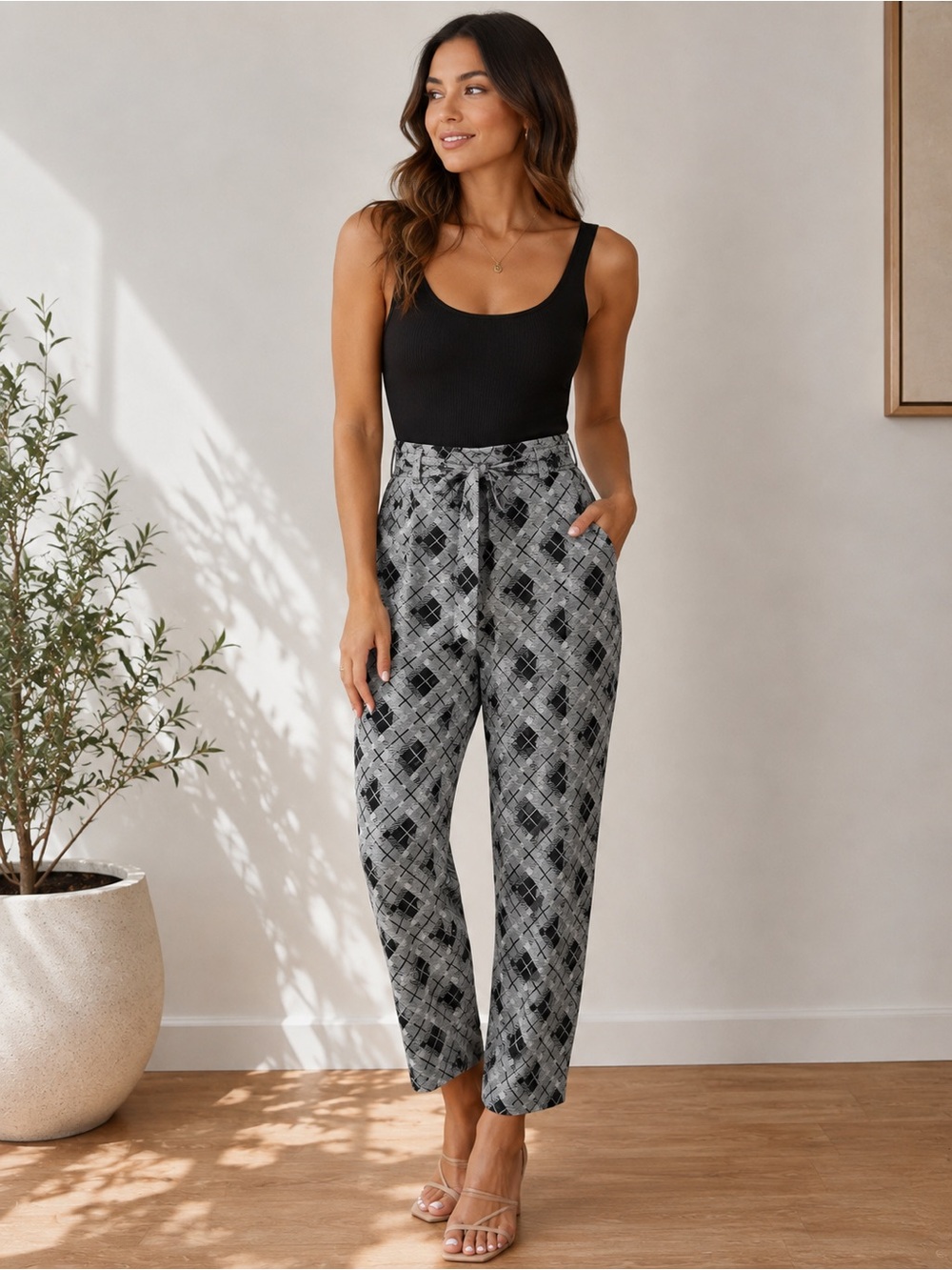 Woven Plaid Tie-Waist Pants - Black & Gray
